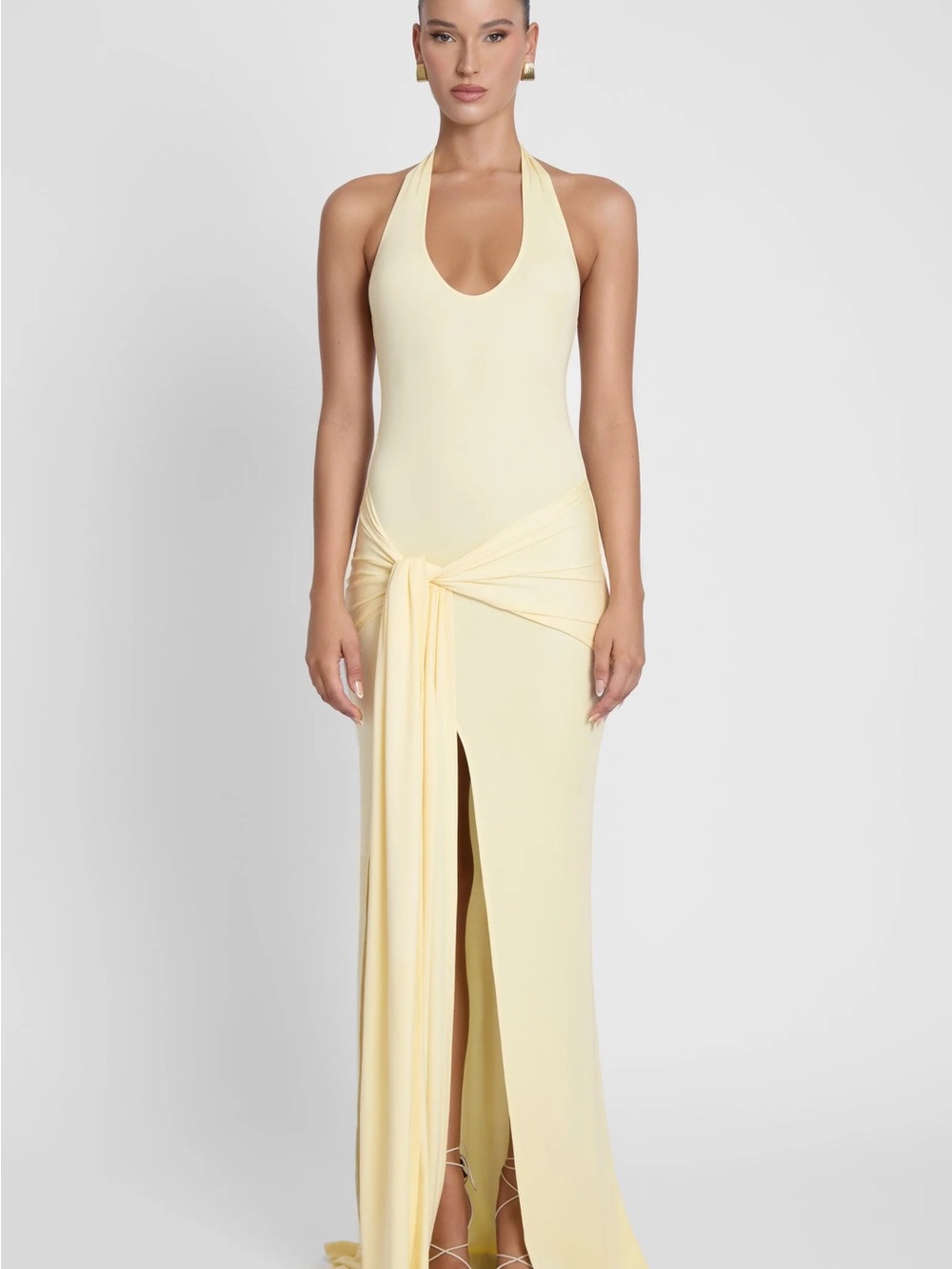 Halter Tie-Front Maxi Dress in Soft Yellow